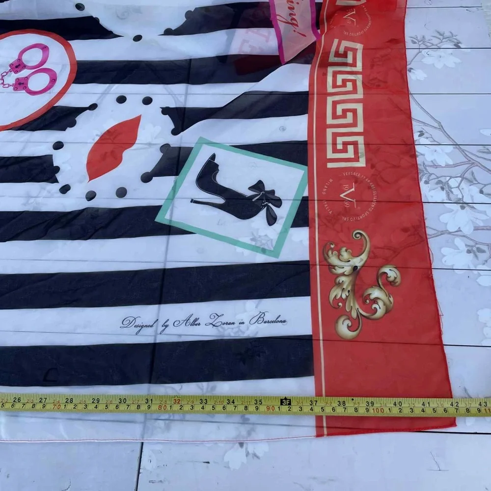 Vintage 1969 Versace Black and White Striped Scarf with Red and Gold Details